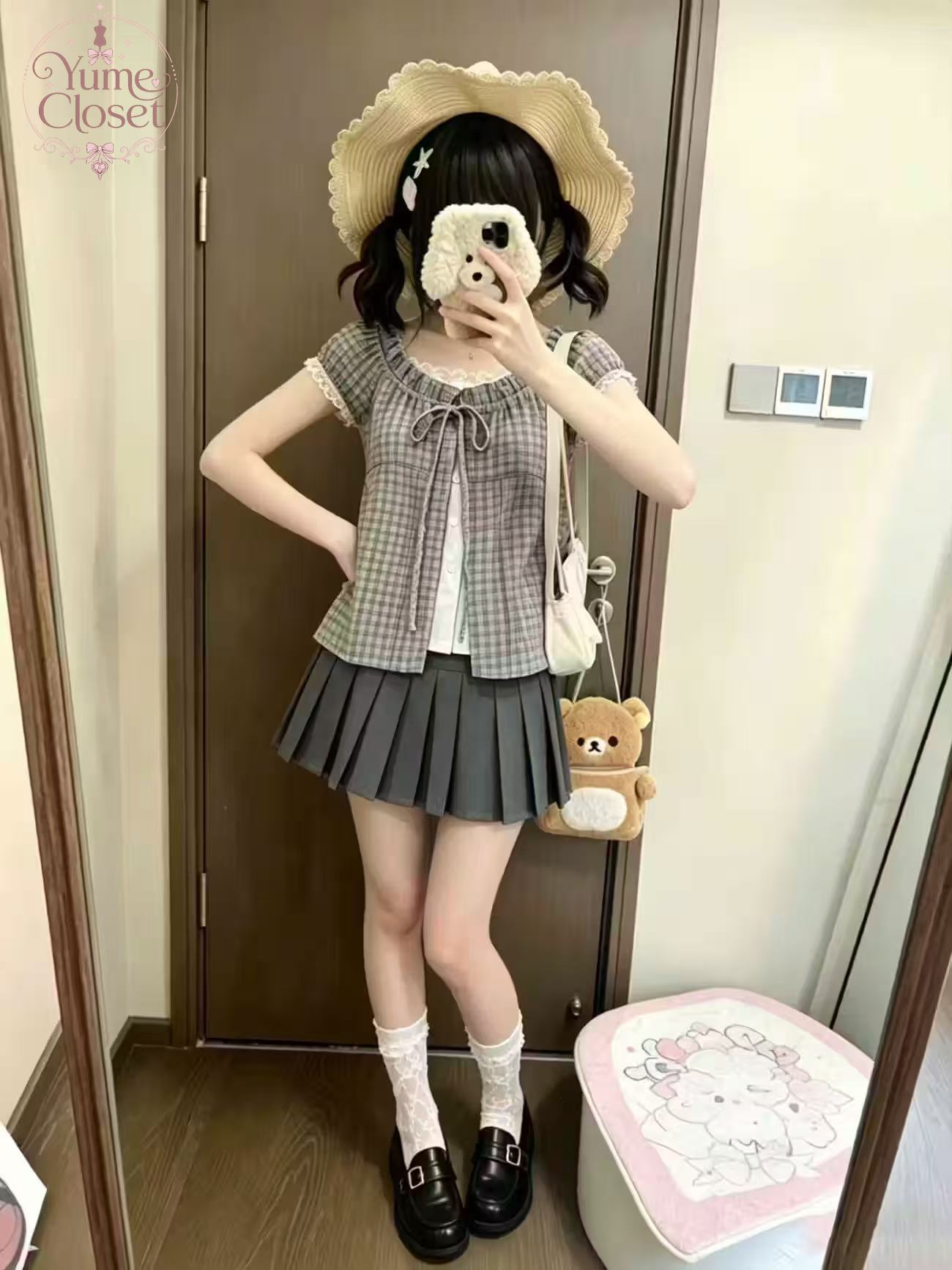 Elastic Lace Trim - 일본 빈티지 플래드 투피스 세트 여성