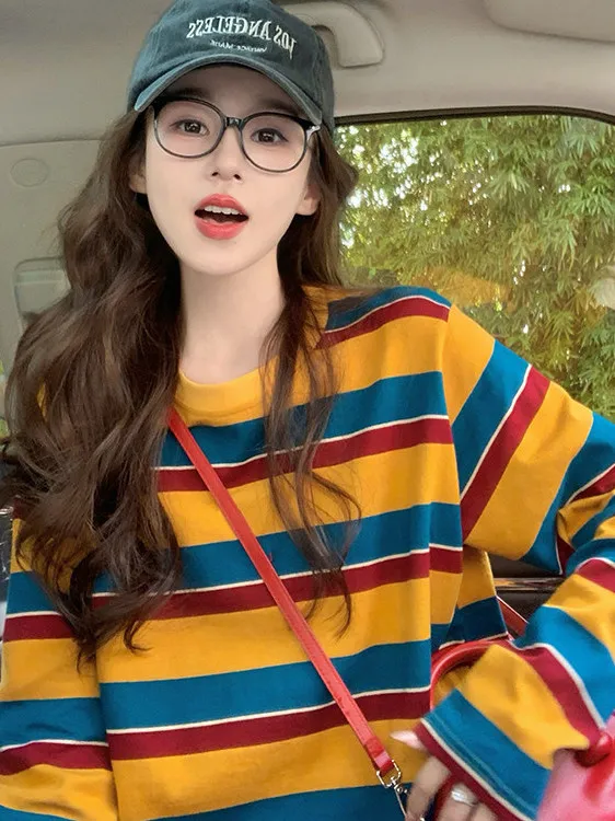 여성용 컬러 블록 스트라이프 긴팔 티셔츠, 둥근 네크라 - Embellish Knit 리뷰 및 가격