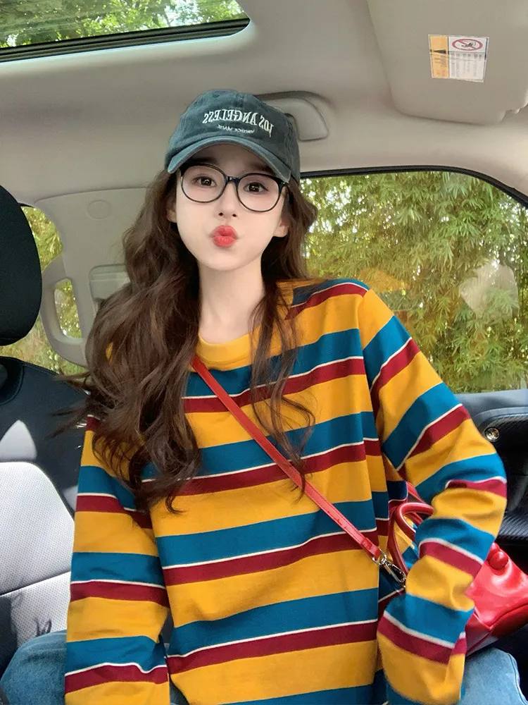 여성용 컬러 블록 스트라이프 긴팔 티셔츠, 둥근 네크라 - Embellish Knit 리뷰 및 가격