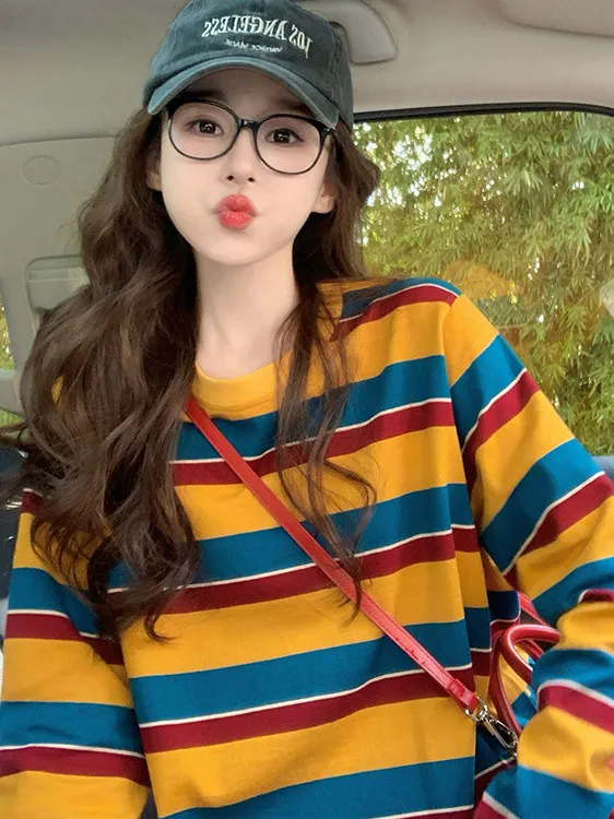 여성용 컬러 블록 스트라이프 긴팔 티셔츠, 둥근 네크라 - Embellish Knit 리뷰 및 가격